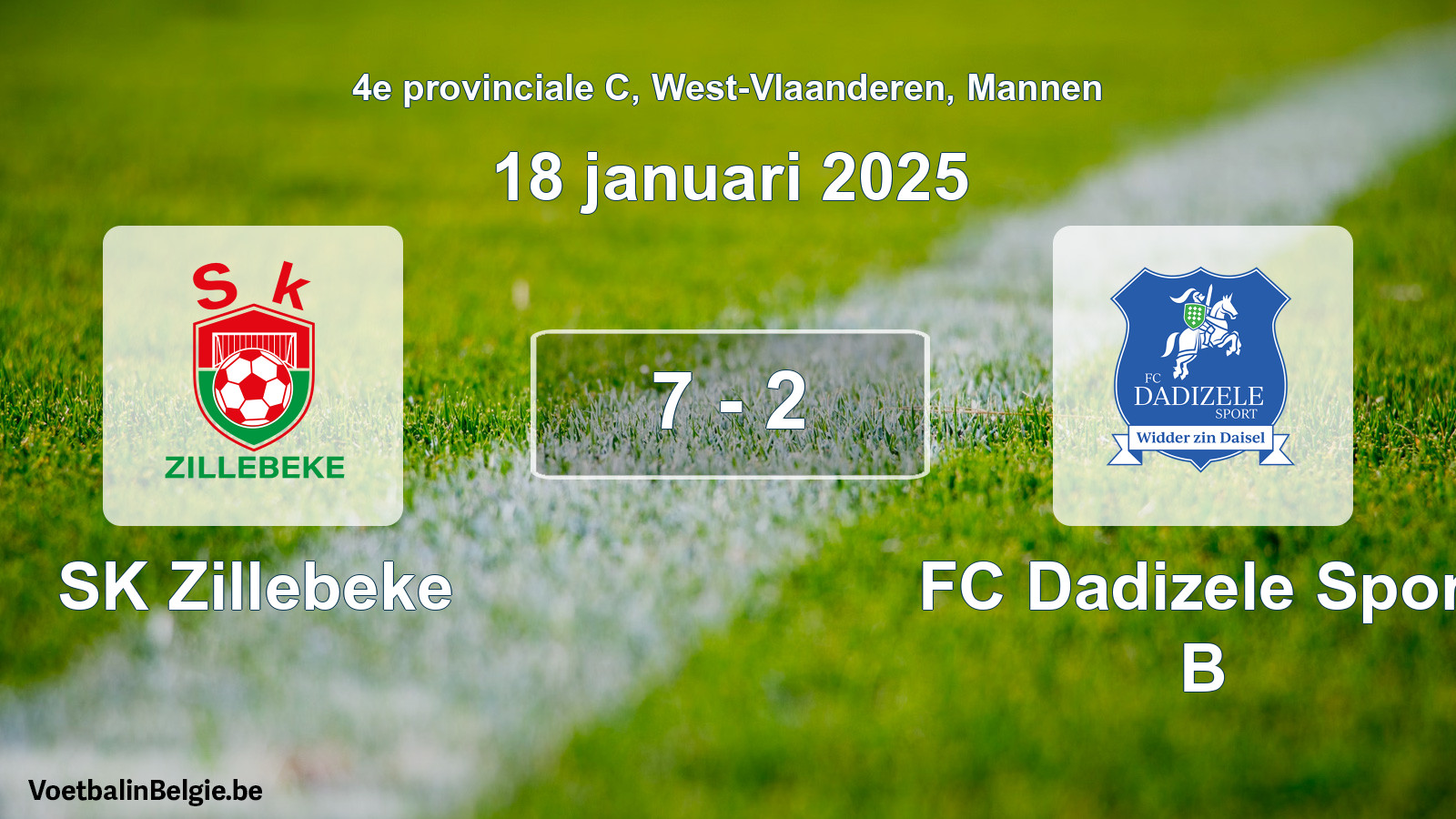 Gespeelde wedstrijd mannenvoetbal: SK Zillebeke - FC Dadizele Sport B 7 - 2 (18 januari 2025)