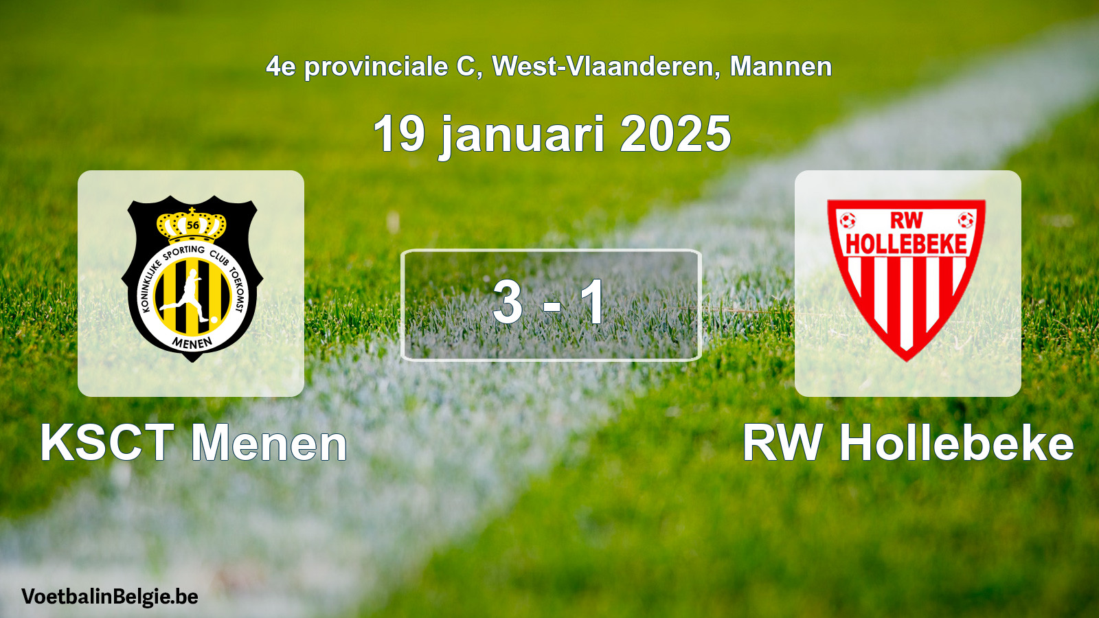 Gespeelde wedstrijd mannenvoetbal: KSCT Menen - RW Hollebeke 3 - 1 (19 januari 2025)