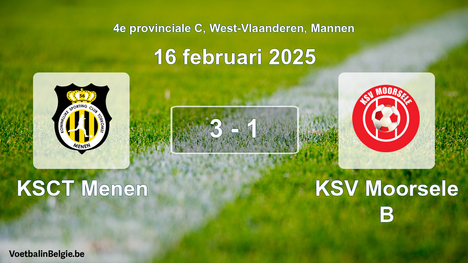 Gespeelde wedstrijd mannenvoetbal: KSCT Menen - KSV Moorsele B 3 - 1 (16 februari 2025)