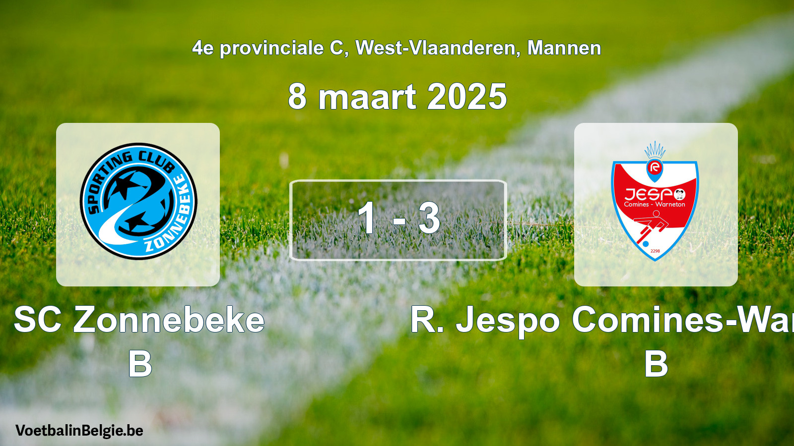 Gespeelde wedstrijd mannenvoetbal: SC Zonnebeke B - R. Jespo Comines-Warneton B 1 - 3 (8 maart 2025)