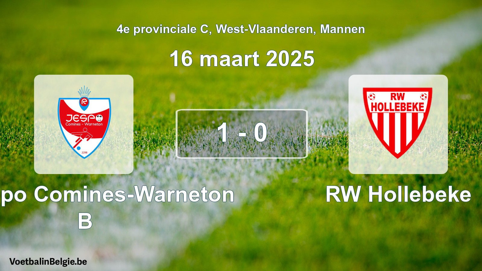Gespeelde wedstrijd mannenvoetbal: R. Jespo Comines-Warneton B - RW Hollebeke 1 - 0 (16 maart 2025)