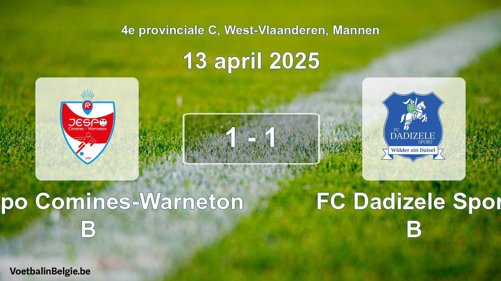 Gespeelde wedstrijd mannenvoetbal: R. Jespo Comines-Warneton B - FC Dadizele Sport B 1 - 1 (13 april 2025)