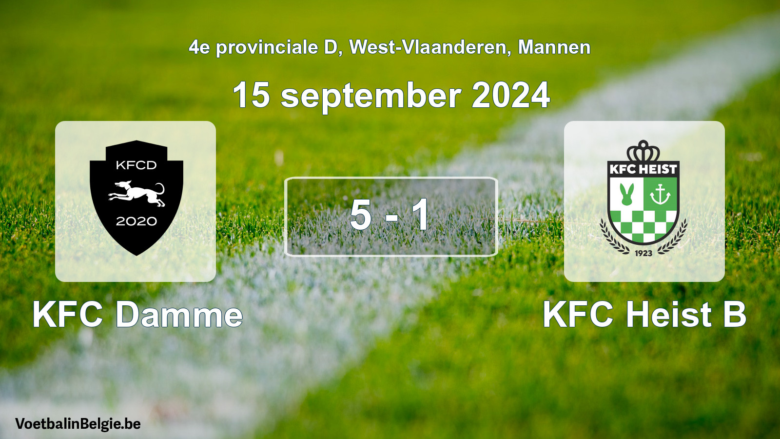 Gespeelde wedstrijd mannenvoetbal: KFC Damme - KFC Heist B 5 - 1 (15 september 2024)