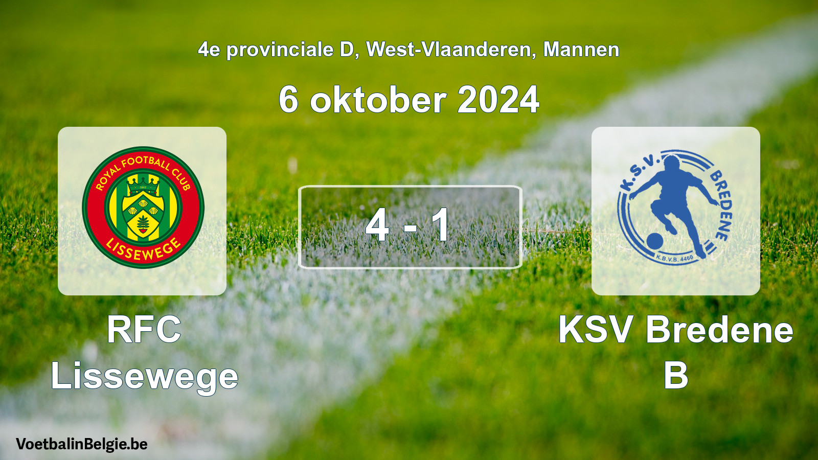 Gespeelde wedstrijd mannenvoetbal: RFC Lissewege - KSV Bredene B 4 - 1 (6 oktober 2024)