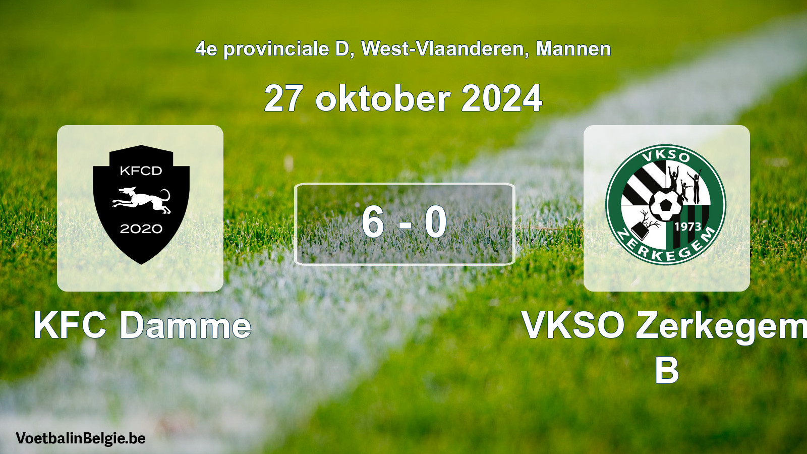 Gespeelde wedstrijd mannenvoetbal: KFC Damme - VKSO Zerkegem B 6 - 0 (27 oktober 2024)