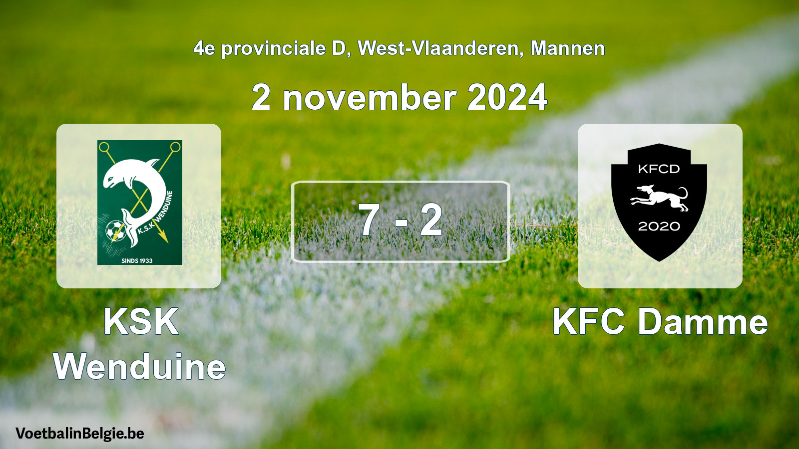 Gespeelde wedstrijd mannenvoetbal: KSK Wenduine - KFC Damme 7 - 2 (2 november 2024)