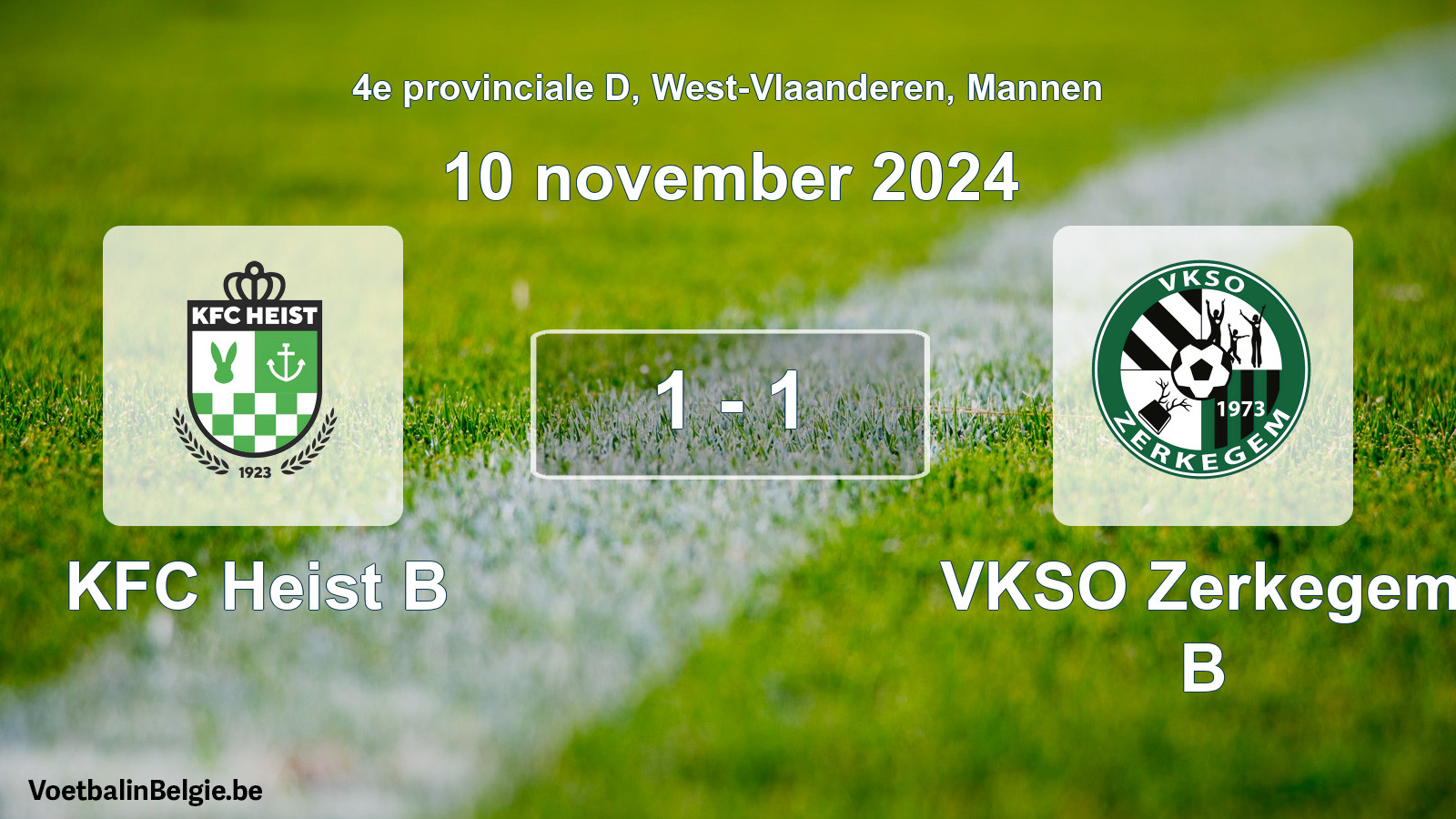 Gespeelde wedstrijd mannenvoetbal: KFC Heist B - VKSO Zerkegem B 1 - 1 (10 november 2024)