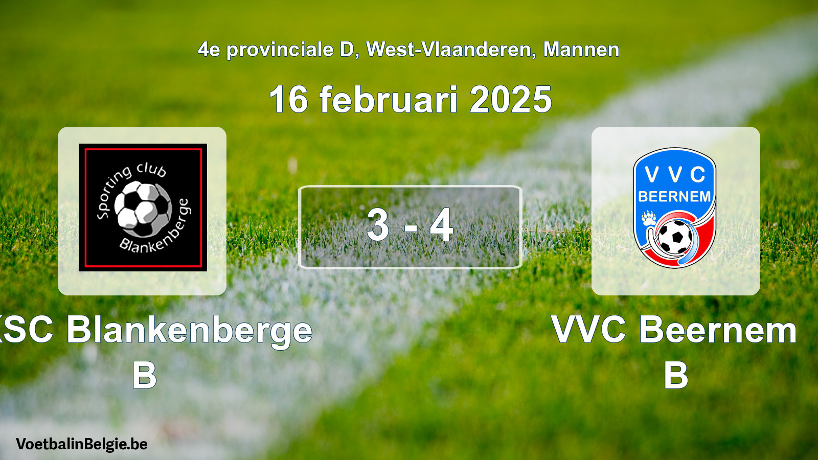 Gespeelde wedstrijd mannenvoetbal: KSC Blankenberge B - VVC Beernem B 3 - 4 (16 februari 2025)