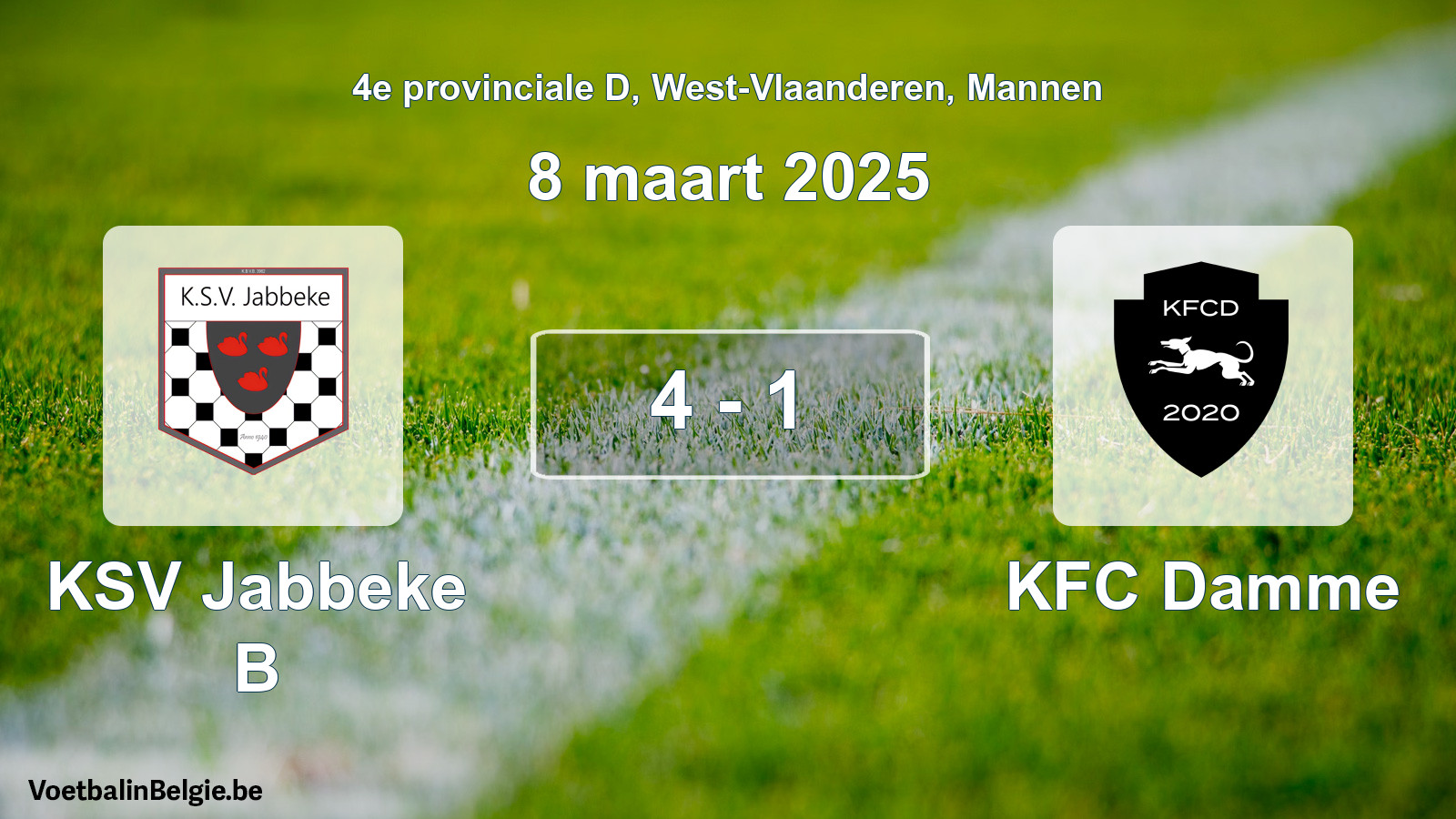 Gespeelde wedstrijd mannenvoetbal: KSV Jabbeke B - KFC Damme 4 - 1 (8 maart 2025)
