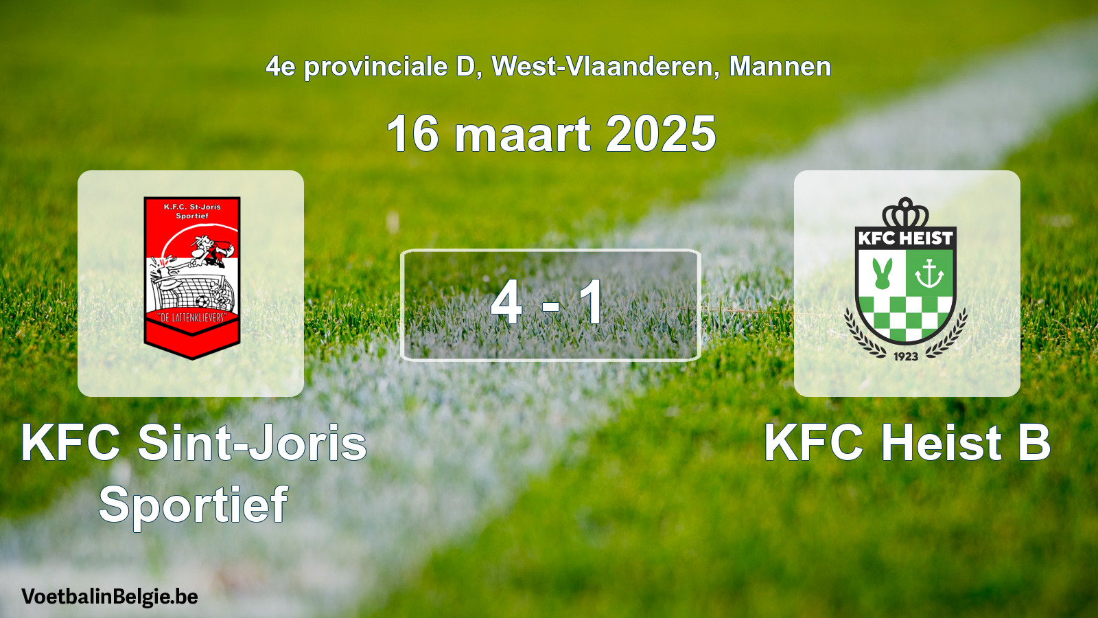 Gespeelde wedstrijd mannenvoetbal: KFC Sint-Joris Sportief - KFC Heist B 4 - 1 (16 maart 2025)