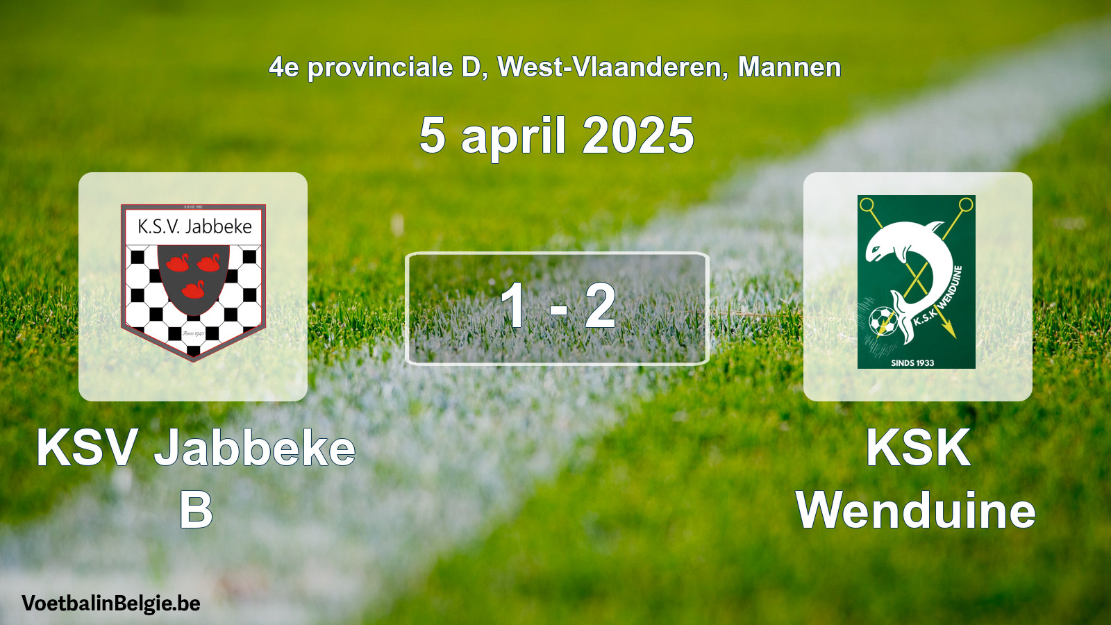 Gespeelde wedstrijd mannenvoetbal: KSV Jabbeke B - KSK Wenduine 1 - 2 (5 april 2025)