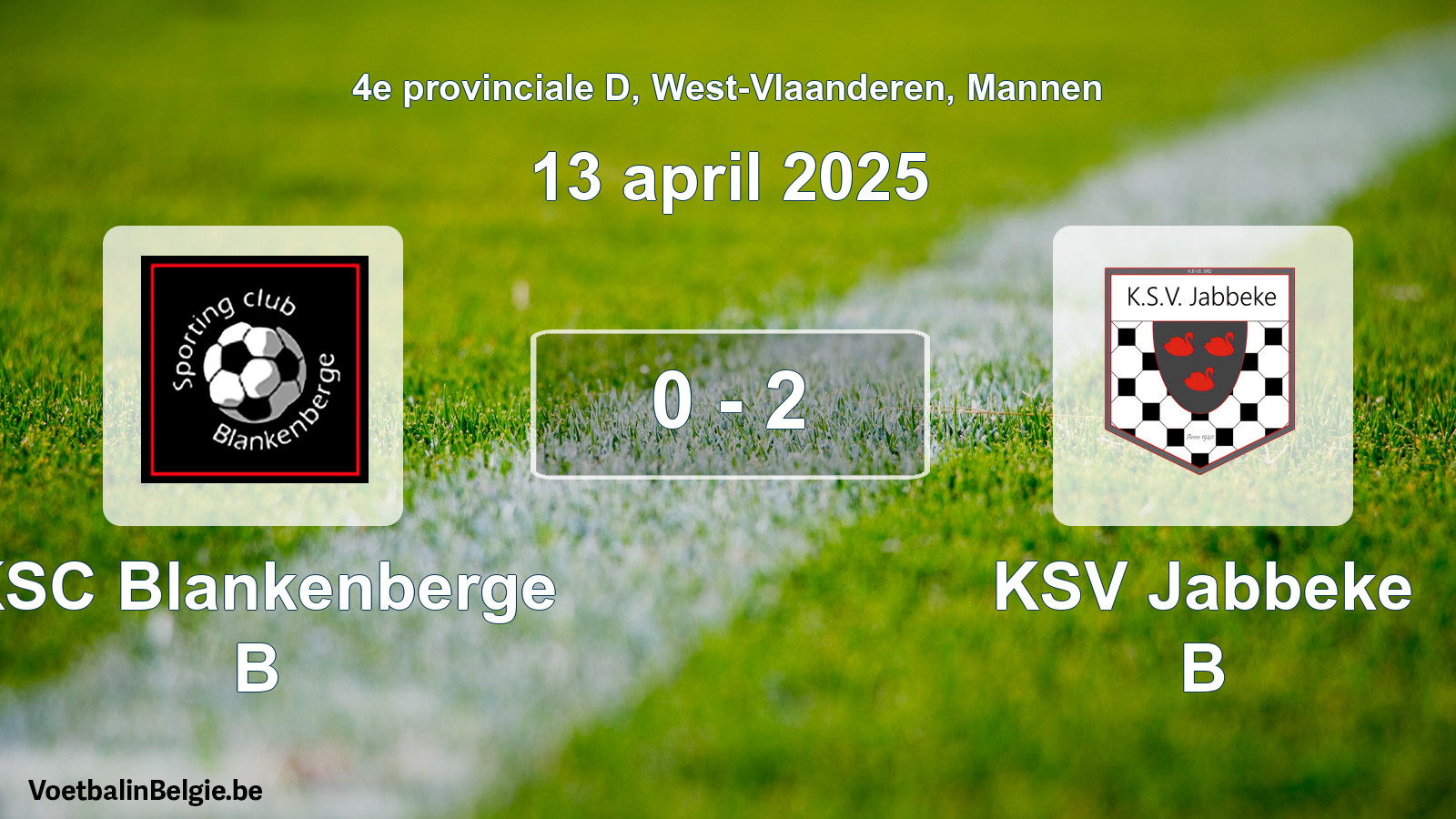Gespeelde wedstrijd mannenvoetbal: KSC Blankenberge B - KSV Jabbeke B 0 - 2 (13 april 2025)