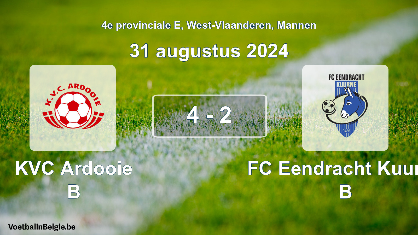 Gespeelde wedstrijd mannenvoetbal: KVC Ardooie B - FC Eendracht Kuurne B 4 - 2 (31 augustus 2024)