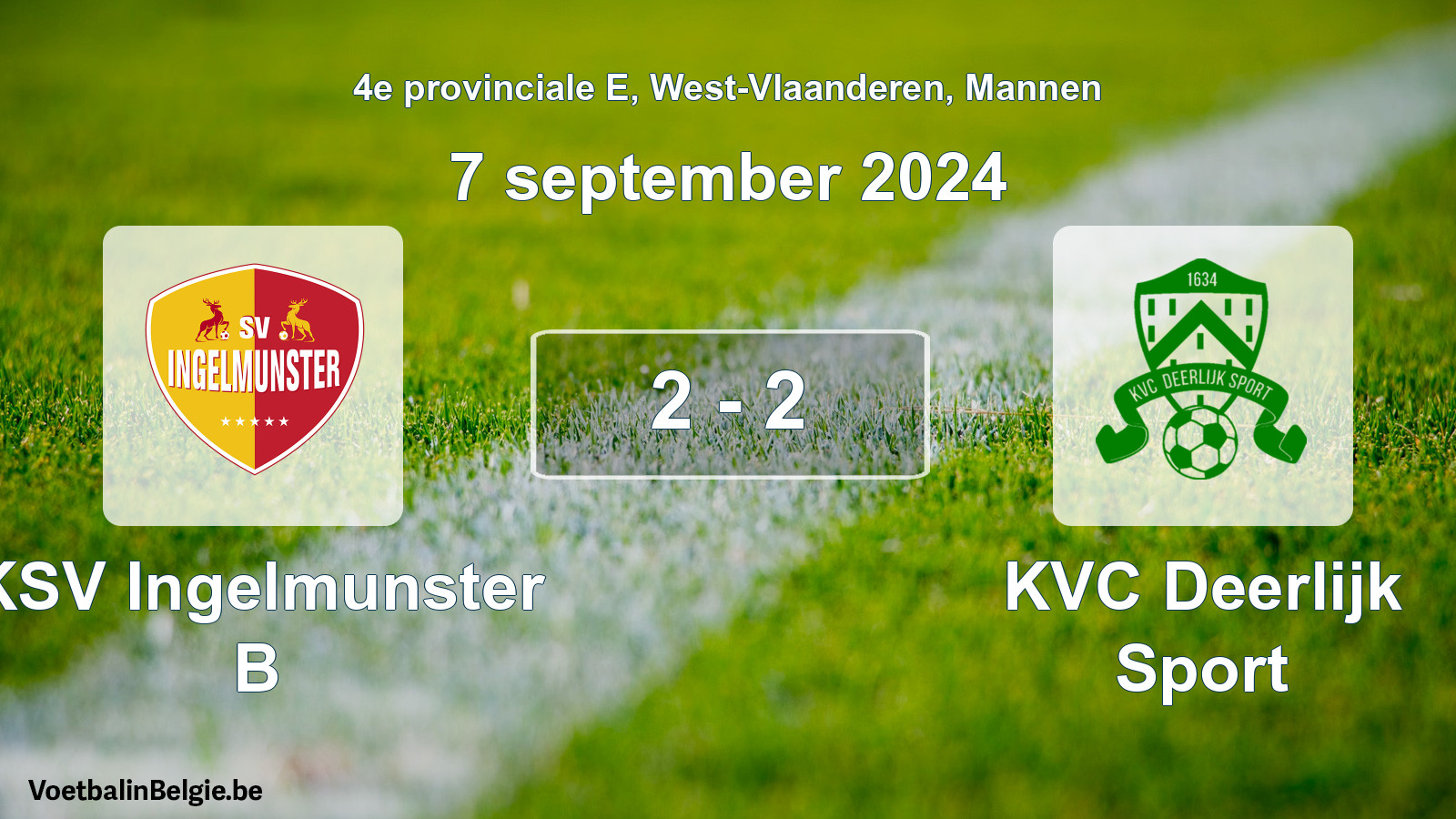 Gespeelde wedstrijd mannenvoetbal: KSV Ingelmunster B - KVC Deerlijk Sport 2 - 2 (7 september 2024)
