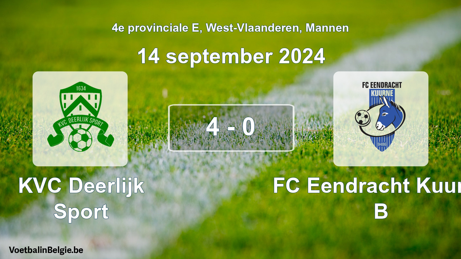 Gespeelde wedstrijd mannenvoetbal: KVC Deerlijk Sport - FC Eendracht Kuurne B 4 - 0 (14 september 2024)