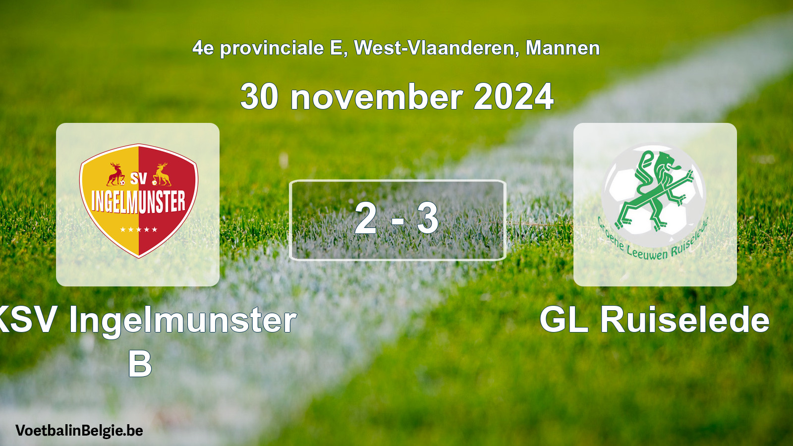 Gespeelde wedstrijd mannenvoetbal: KSV Ingelmunster B - GL Ruiselede 2 - 3 (30 november 2024)