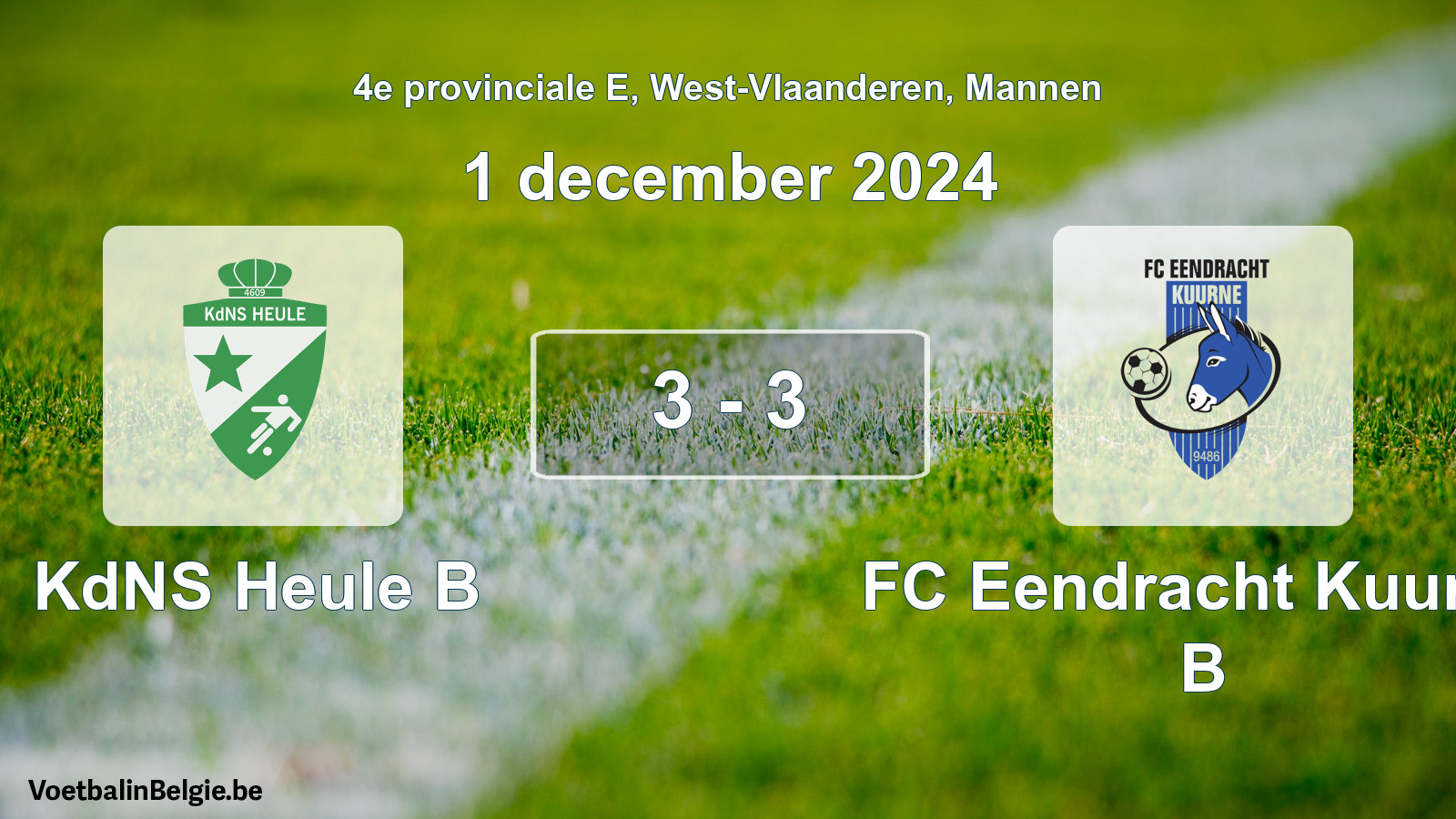 Gespeelde wedstrijd mannenvoetbal: KdNS Heule B - FC Eendracht Kuurne B 3 - 3 (1 december 2024)