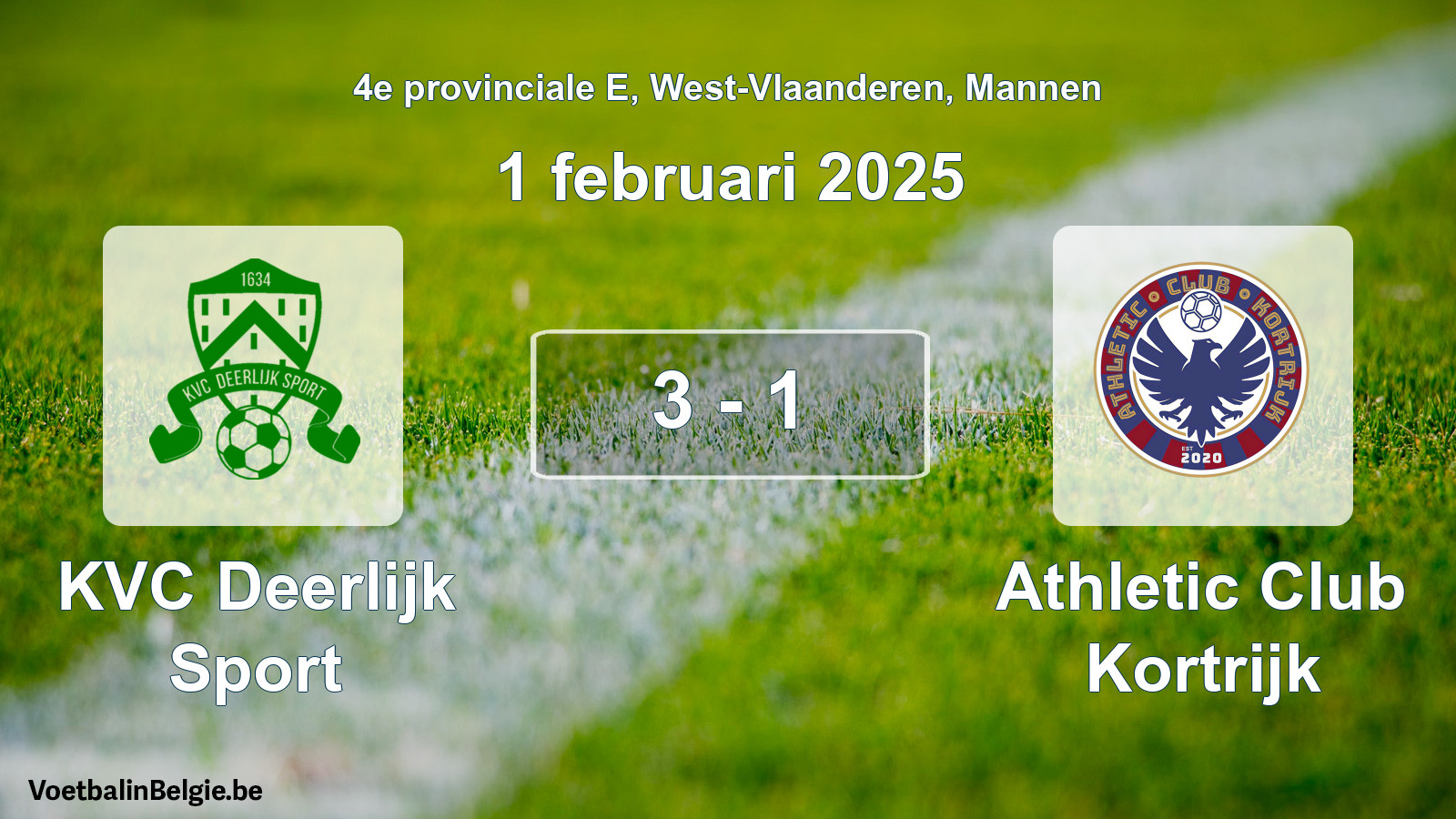 Gespeelde wedstrijd mannenvoetbal: KVC Deerlijk Sport - Athletic Club Kortrijk 3 - 1 (1 februari 2025)