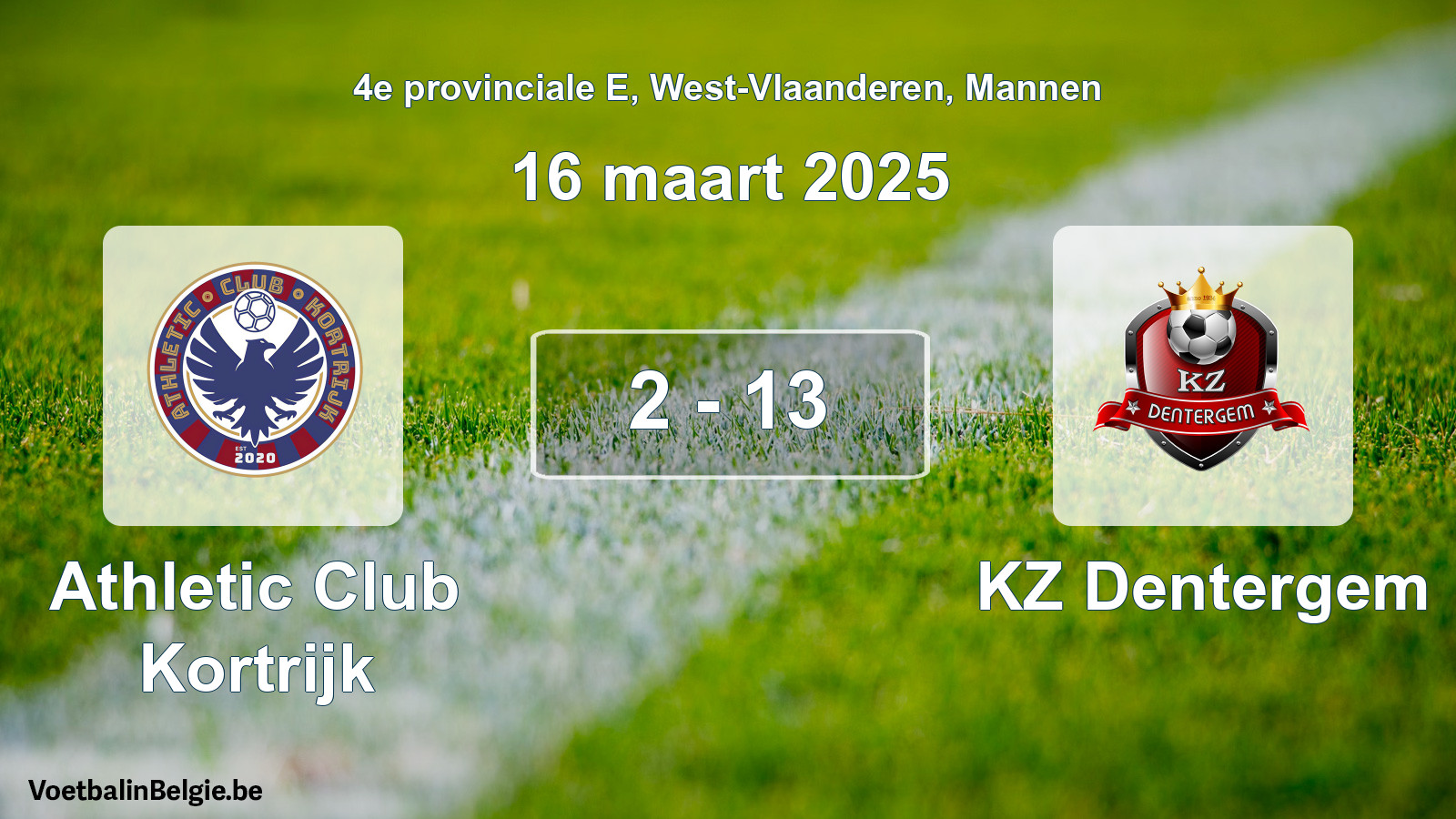Gespeelde wedstrijd mannenvoetbal: Athletic Club Kortrijk - KZ Dentergem 2 - 13 (16 maart 2025)