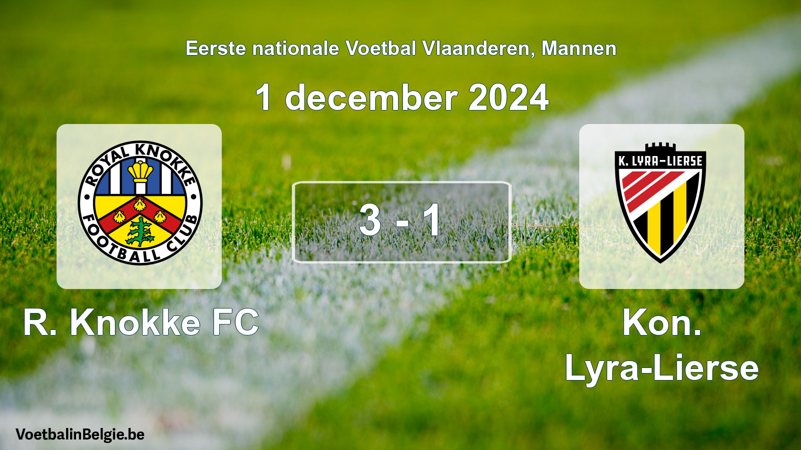 Gespeelde wedstrijd mannenvoetbal: R. Knokke FC - Kon. Lyra-Lierse 3 - 1 (1 december 2024)
