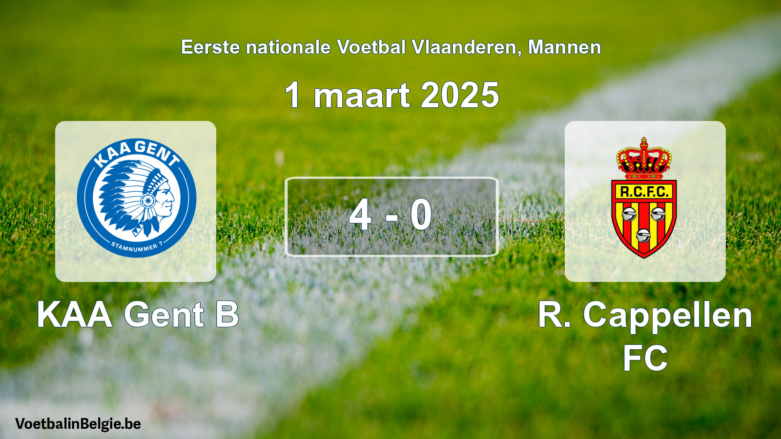 Gespeelde wedstrijd mannenvoetbal: KAA Gent B - R. Cappellen FC 4 - 0 (1 maart 2025)