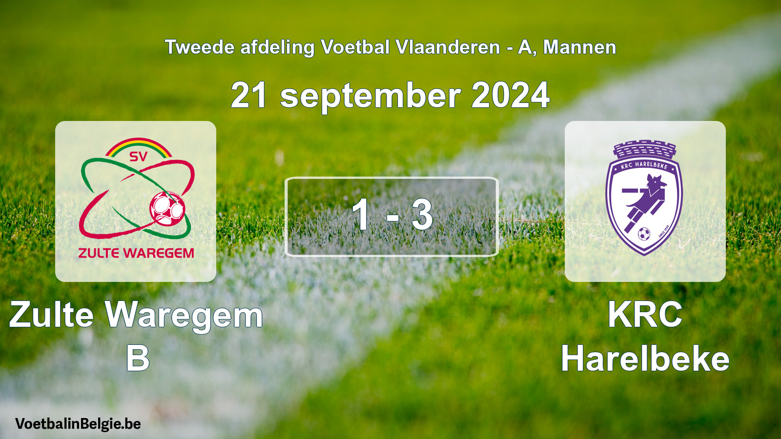 Gespeelde wedstrijd mannenvoetbal: Zulte Waregem B - KRC Harelbeke 1 - 3 (21 september 2024)