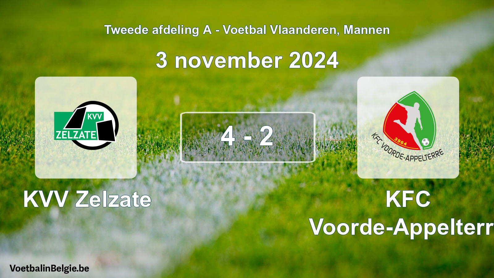 Match joué football hommes: KVV Zelzate - KFC Voorde-Appelterre 4 - 2 (3 novembre 2024)