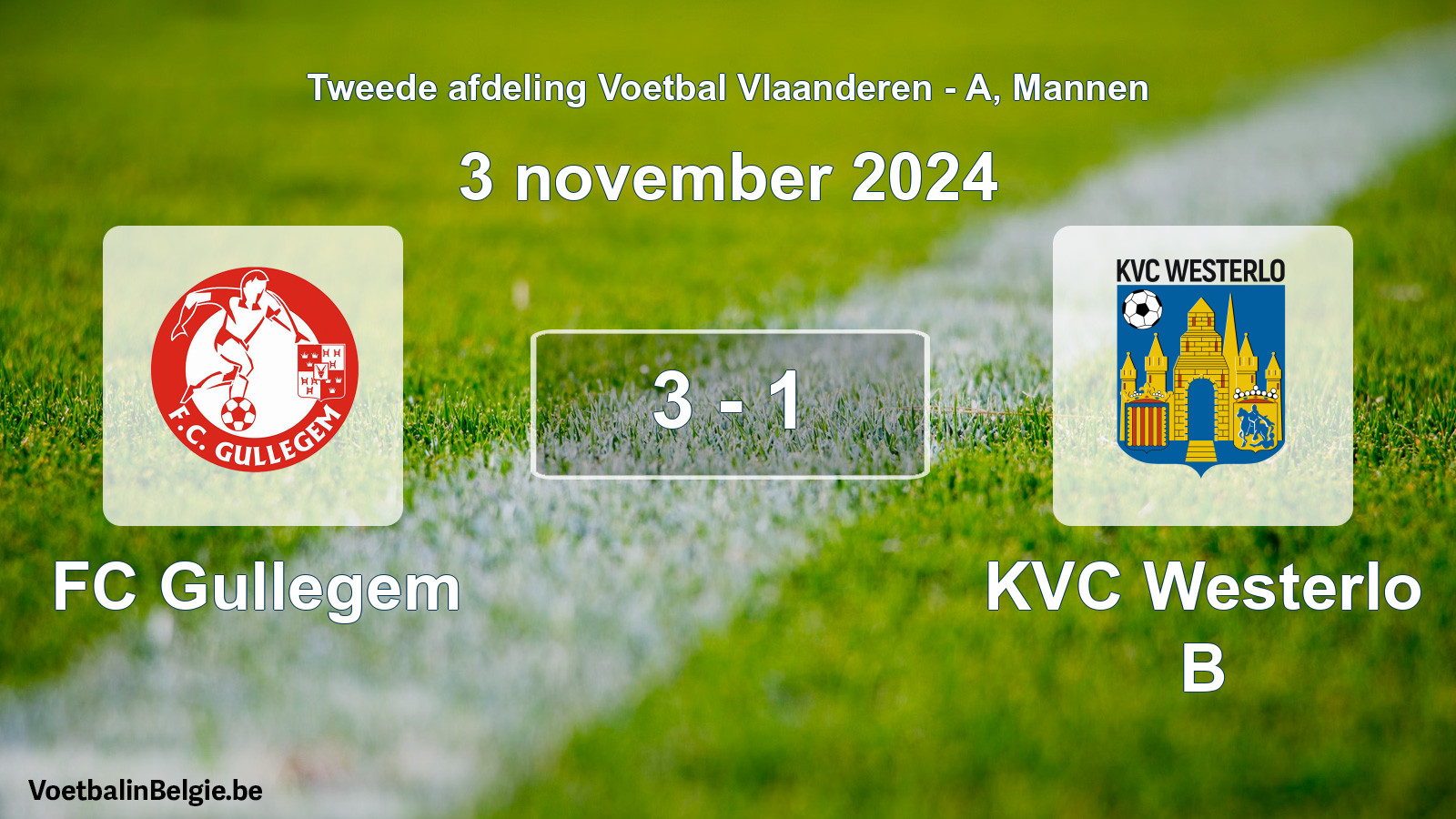 Gespeelde wedstrijd mannenvoetbal: FC Gullegem - KVC Westerlo B 3 - 1 (3 november 2024)