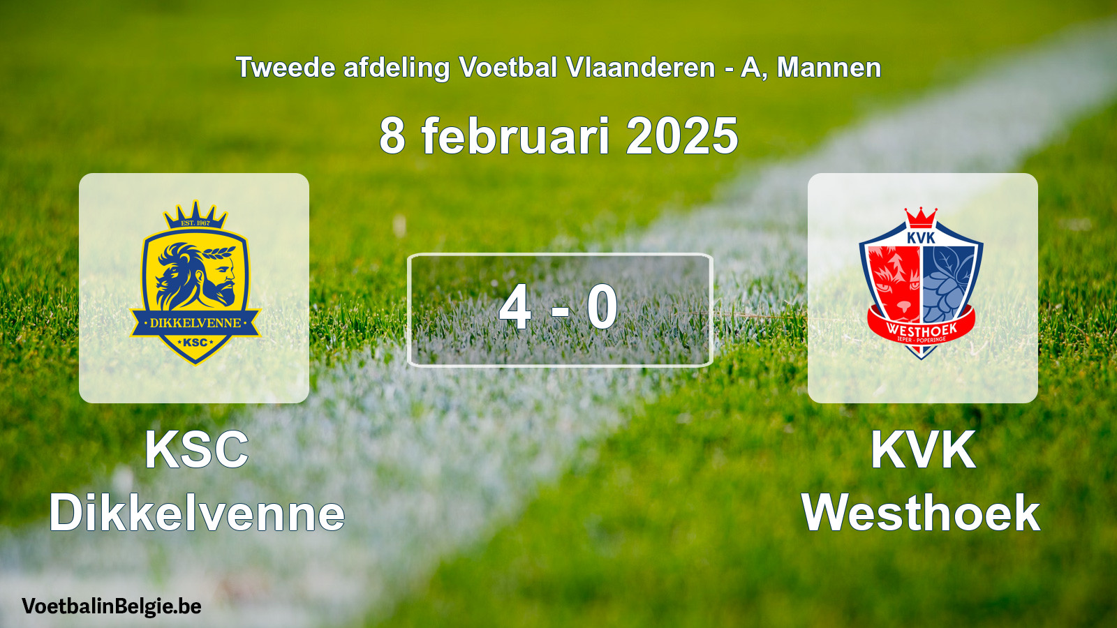 Gespeelde wedstrijd mannenvoetbal: KSC Dikkelvenne - KVK Westhoek 4 - 0 (8 februari 2025)