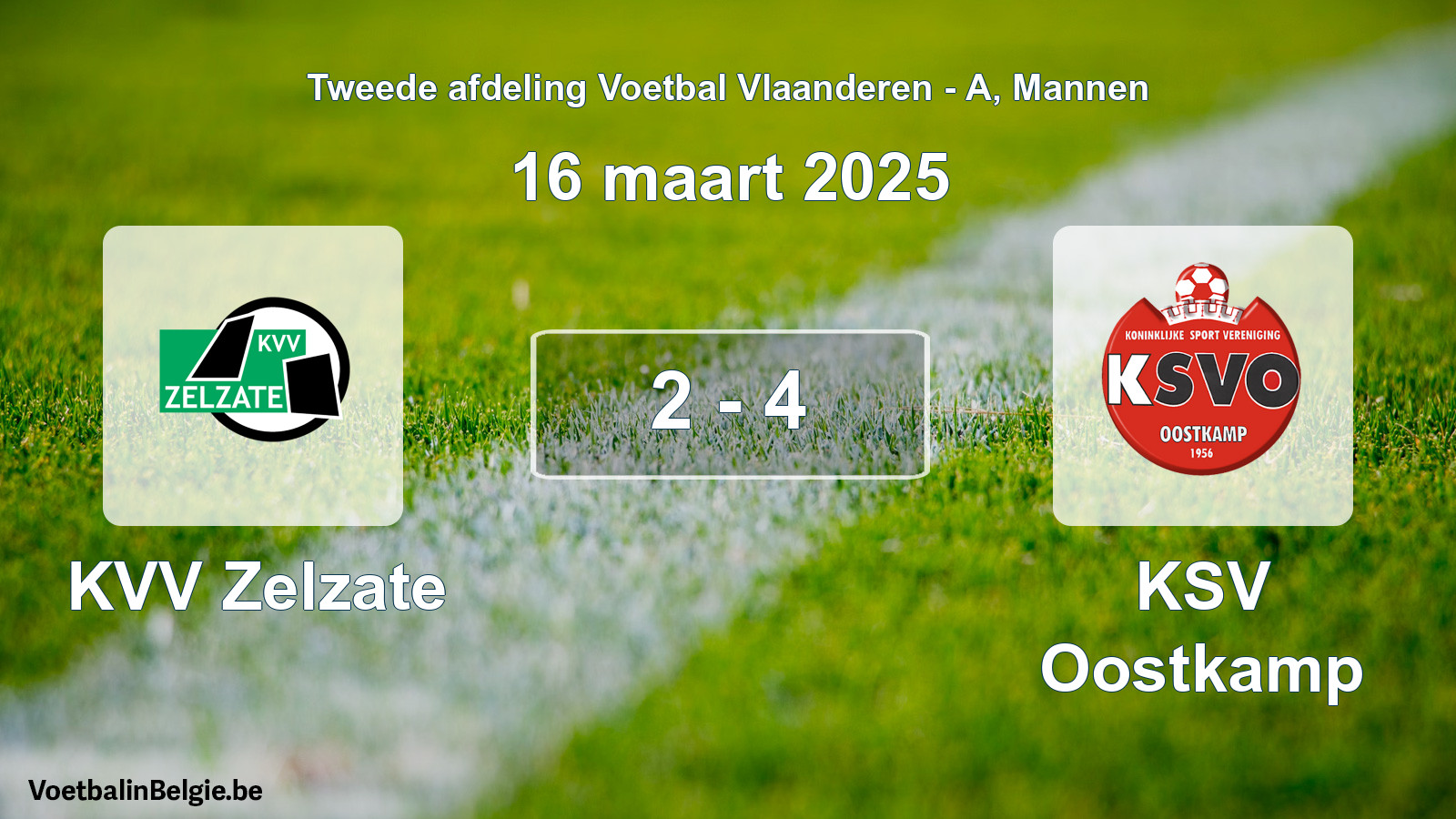 Gespeelde wedstrijd mannenvoetbal: KVV Zelzate - KSV Oostkamp 2 - 4 (16 maart 2025)