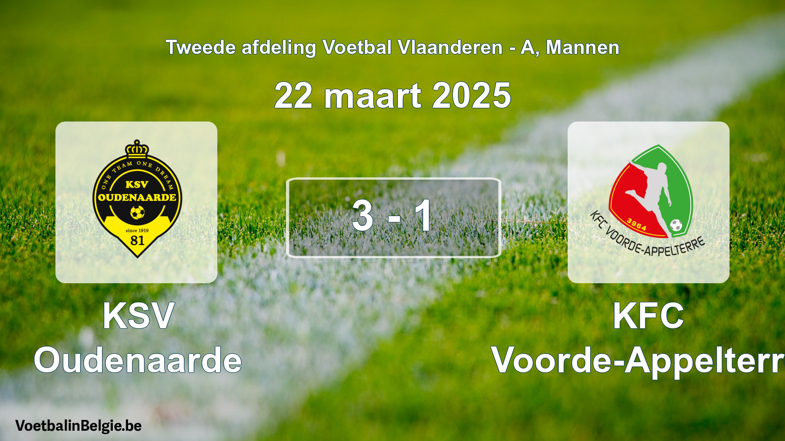 Gespeelde wedstrijd mannenvoetbal: KSV Oudenaarde - KFC Voorde-Appelterre 3 - 1 (22 maart 2025)