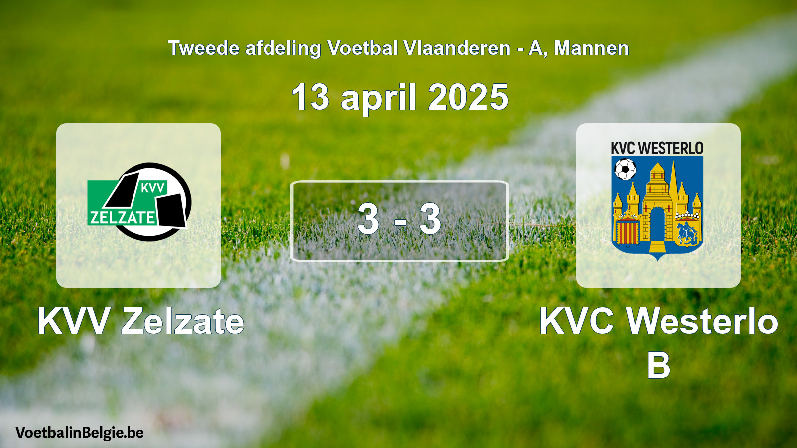 Gespeelde wedstrijd mannenvoetbal: KVV Zelzate - KVC Westerlo B 3 - 3 (13 april 2025)