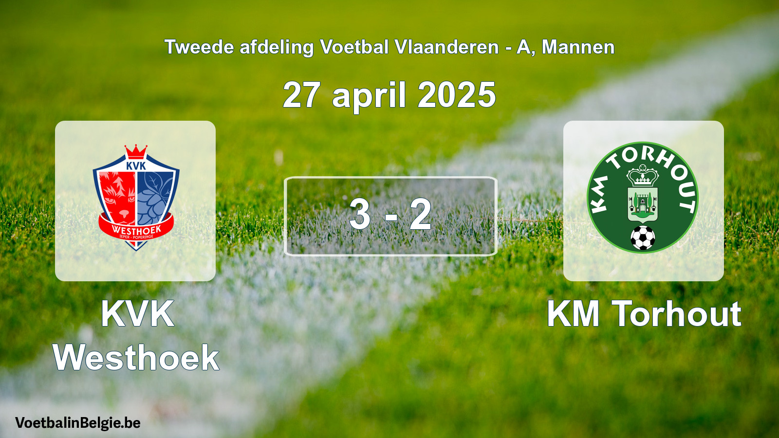 Gespeelde wedstrijd mannenvoetbal: KVK Westhoek - KM Torhout 3 - 2 (27 april 2025)