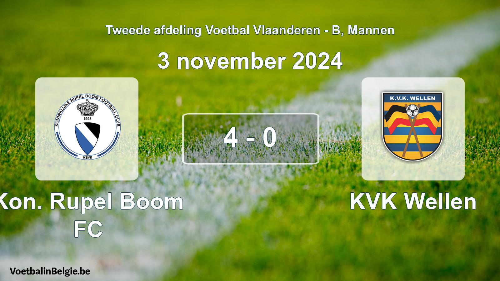 Gespeelde wedstrijd mannenvoetbal: Kon. Rupel Boom FC - KVK Wellen 4 - 0 (3 november 2024)