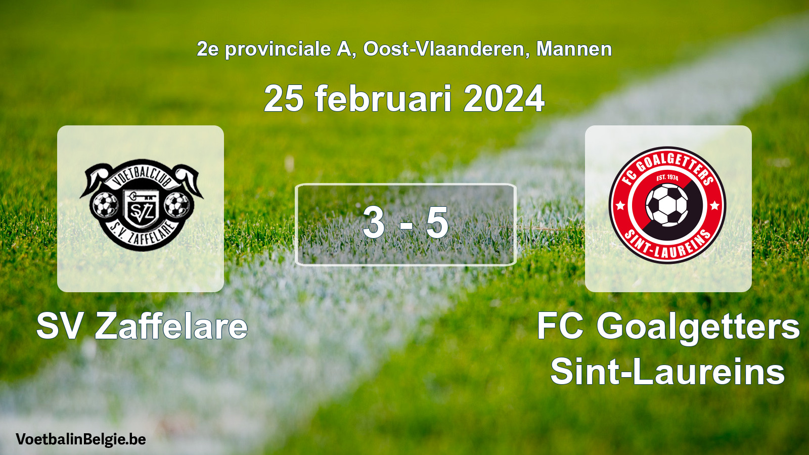 Gespeelde wedstrijd mannenvoetbal: SV Zaffelare - FC Goalgetters Sint-Laureins 3 - 5 (25 februari 2024)