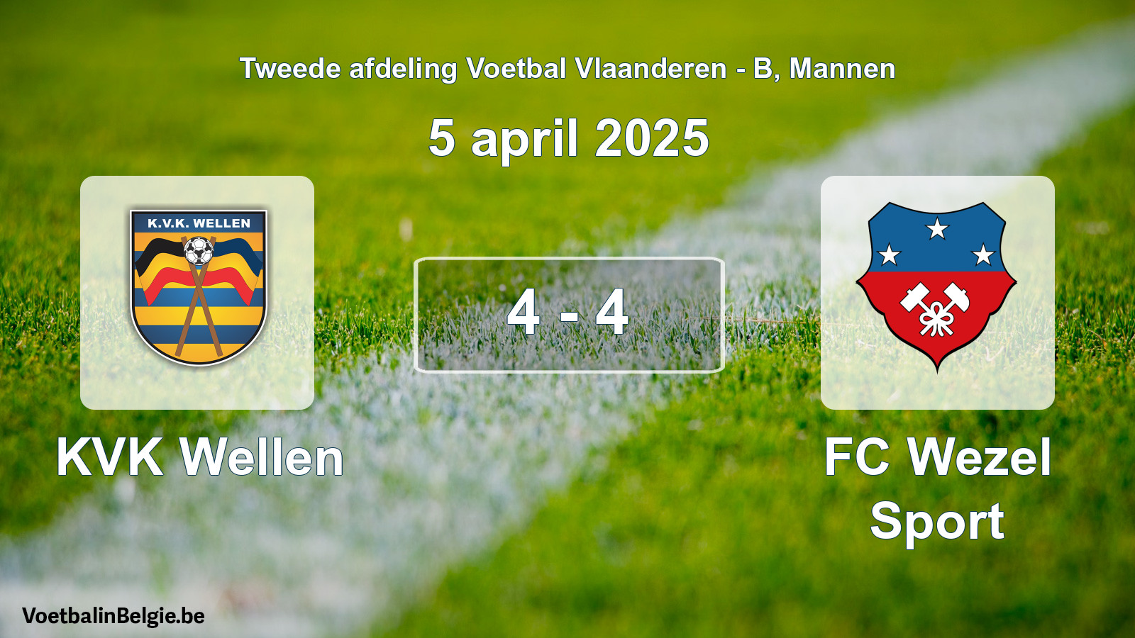 Gespeelde wedstrijd mannenvoetbal: KVK Wellen - FC Wezel Sport 4 - 4 (5 april 2025)