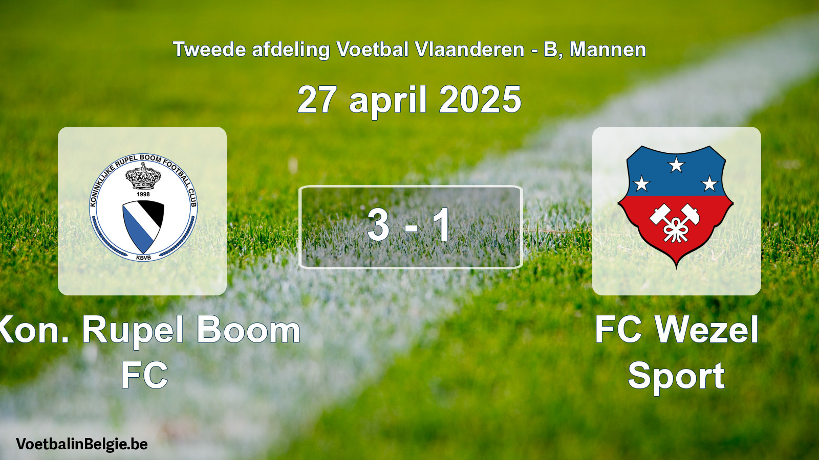Gespeelde wedstrijd mannenvoetbal: Kon. Rupel Boom FC - FC Wezel Sport 3 - 1 (27 april 2025)