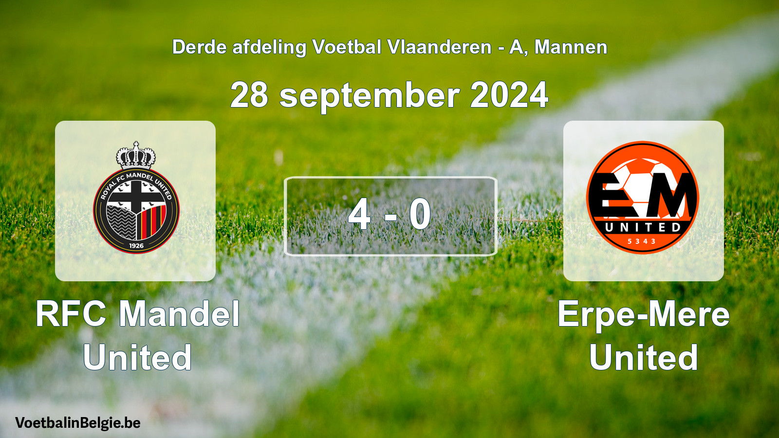 Gespeelde wedstrijd mannenvoetbal: RFC Mandel United - Erpe-Mere United 4 - 0 (28 september 2024)