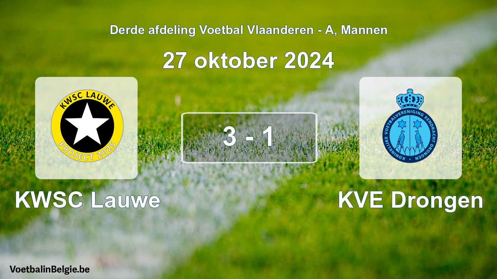 Gespeelde wedstrijd mannenvoetbal: KWSC Lauwe - KVE Drongen 3 - 1 (27 oktober 2024)