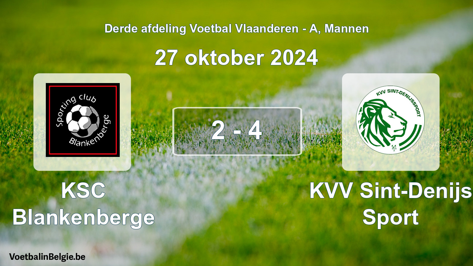 Gespeelde wedstrijd mannenvoetbal: KSC Blankenberge - KVV Sint-Denijs Sport 2 - 4 (27 oktober 2024)