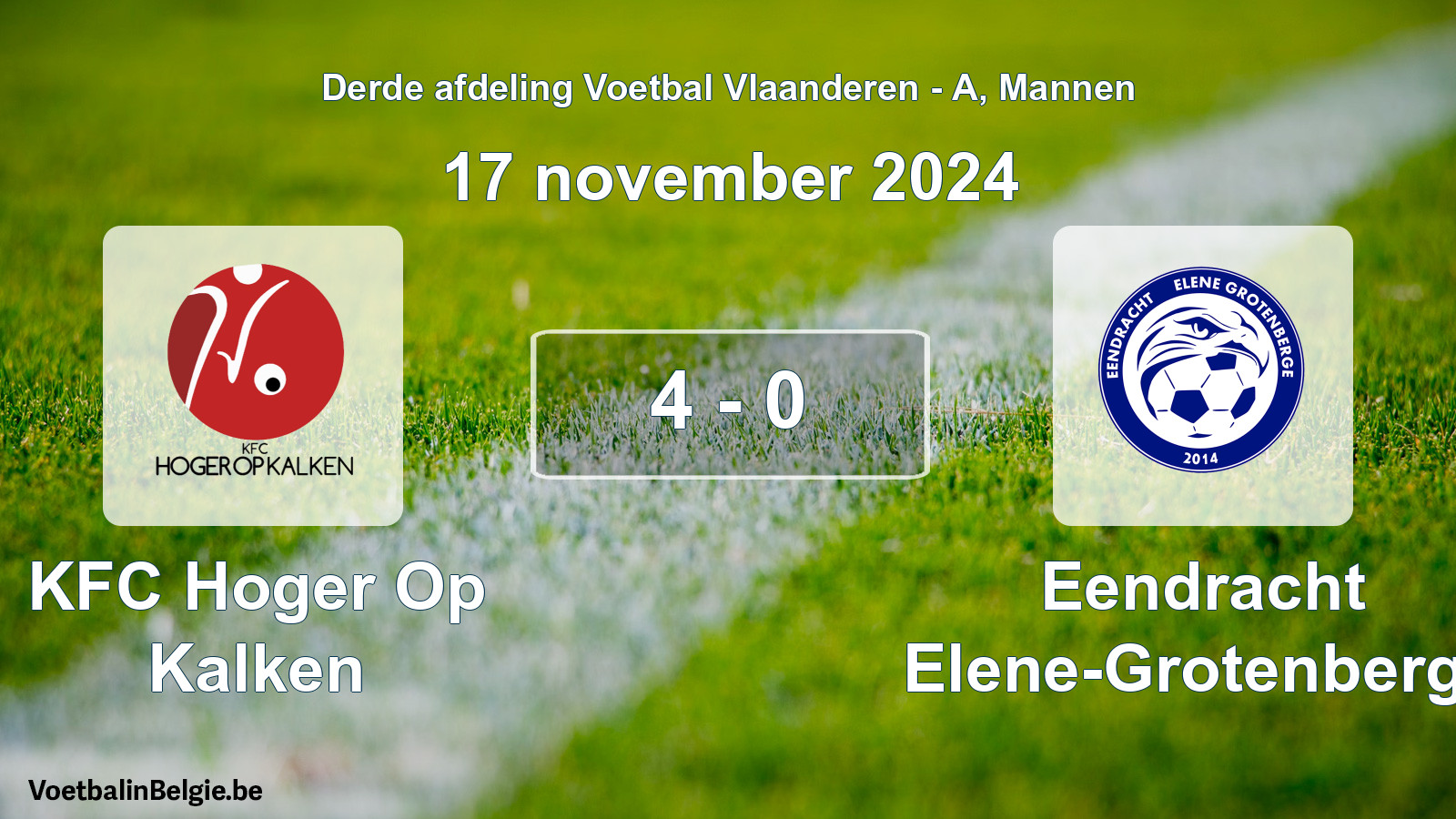 Gespeelde wedstrijd mannenvoetbal: KFC Hoger Op Kalken - Eendracht Elene-Grotenberge 4 - 0 (17 november 2024)