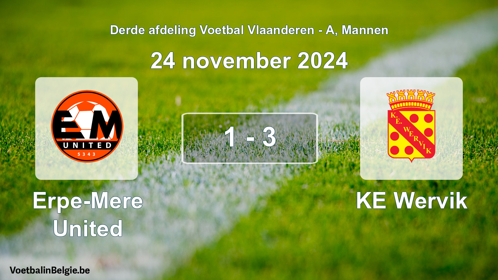 Gespeelde wedstrijd mannenvoetbal: Erpe-Mere United - KE Wervik 1 - 3 (24 november 2024)