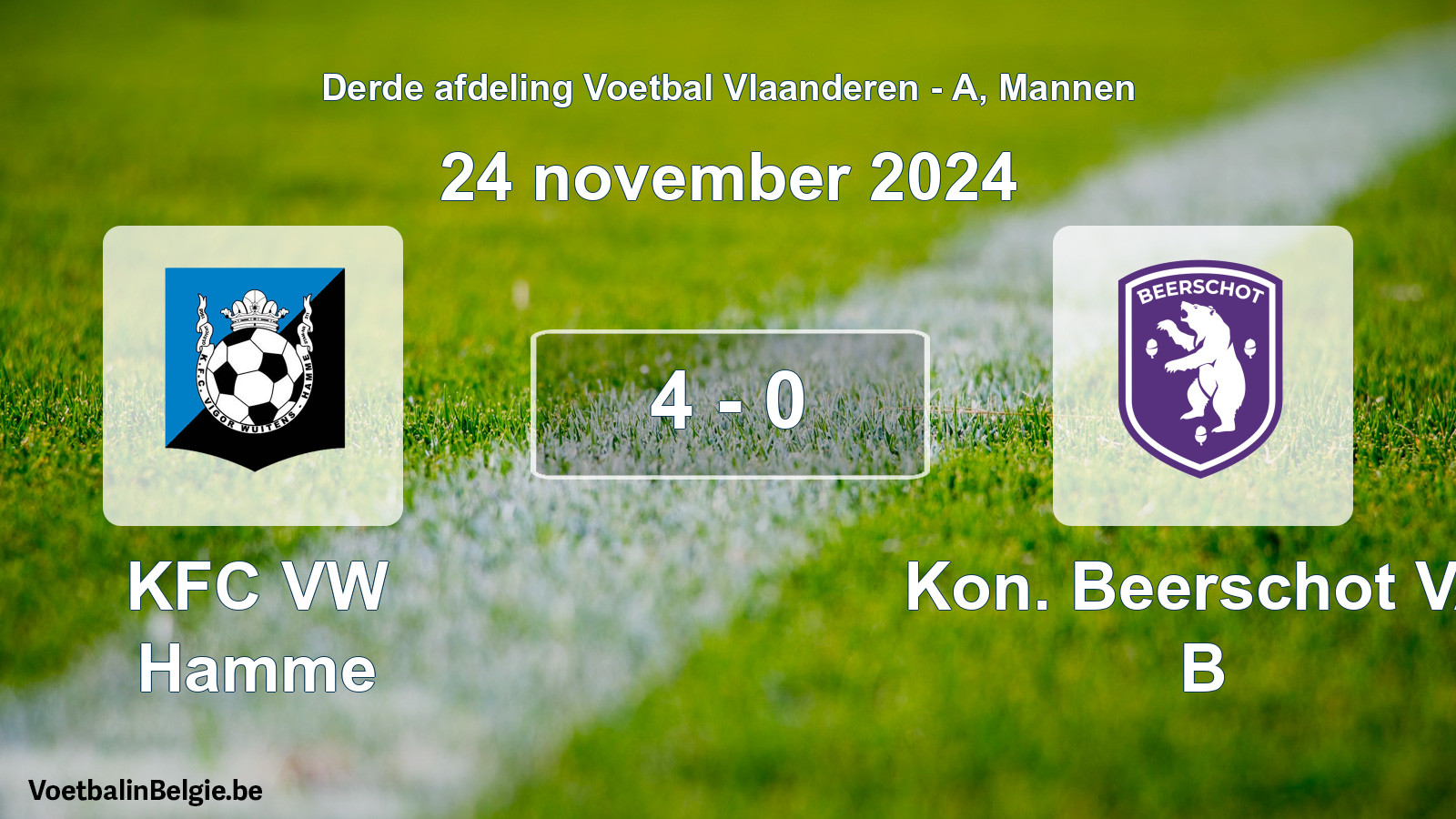 Gespeelde wedstrijd mannenvoetbal: KFC VW Hamme - Kon. Beerschot VA B 4 - 0 (24 november 2024)