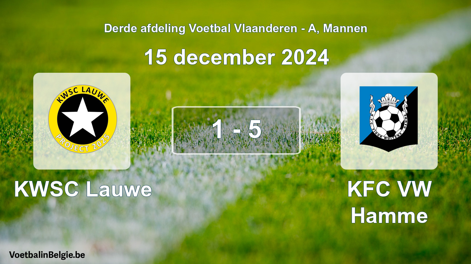 Gespeelde wedstrijd mannenvoetbal: KWSC Lauwe - KFC VW Hamme 1 - 5 (15 december 2024)