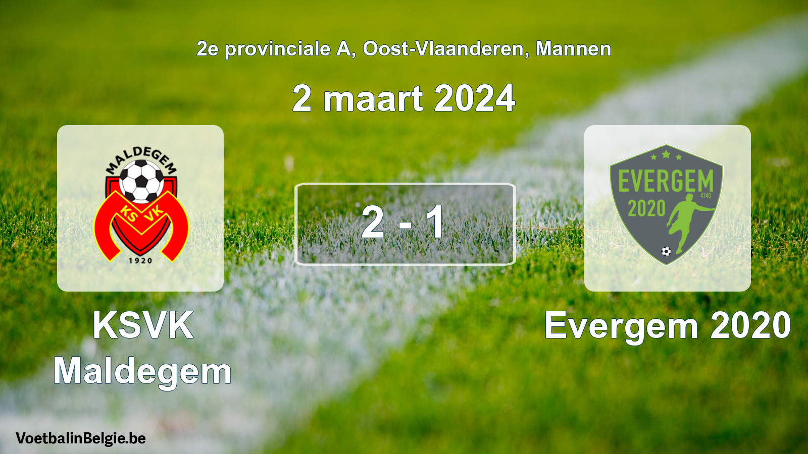 Gespeelde wedstrijd mannenvoetbal: KSVK Maldegem - Evergem 2020 2 - 1 (2 maart 2024)