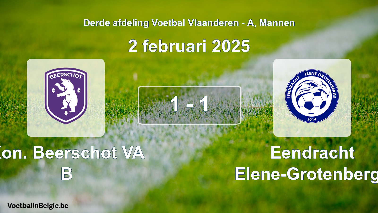 Gespeelde wedstrijd mannenvoetbal: Kon. Beerschot VA B - Eendracht Elene-Grotenberge 1 - 1 (2 februari 2025)