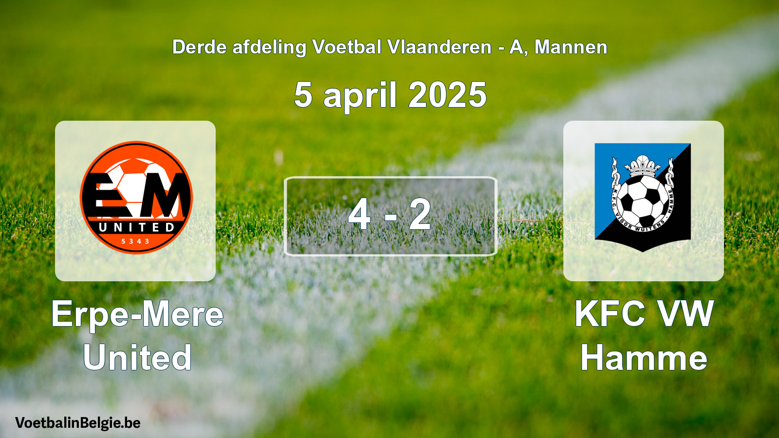 Gespeelde wedstrijd mannenvoetbal: Erpe-Mere United - KFC VW Hamme 4 - 2 (5 april 2025)