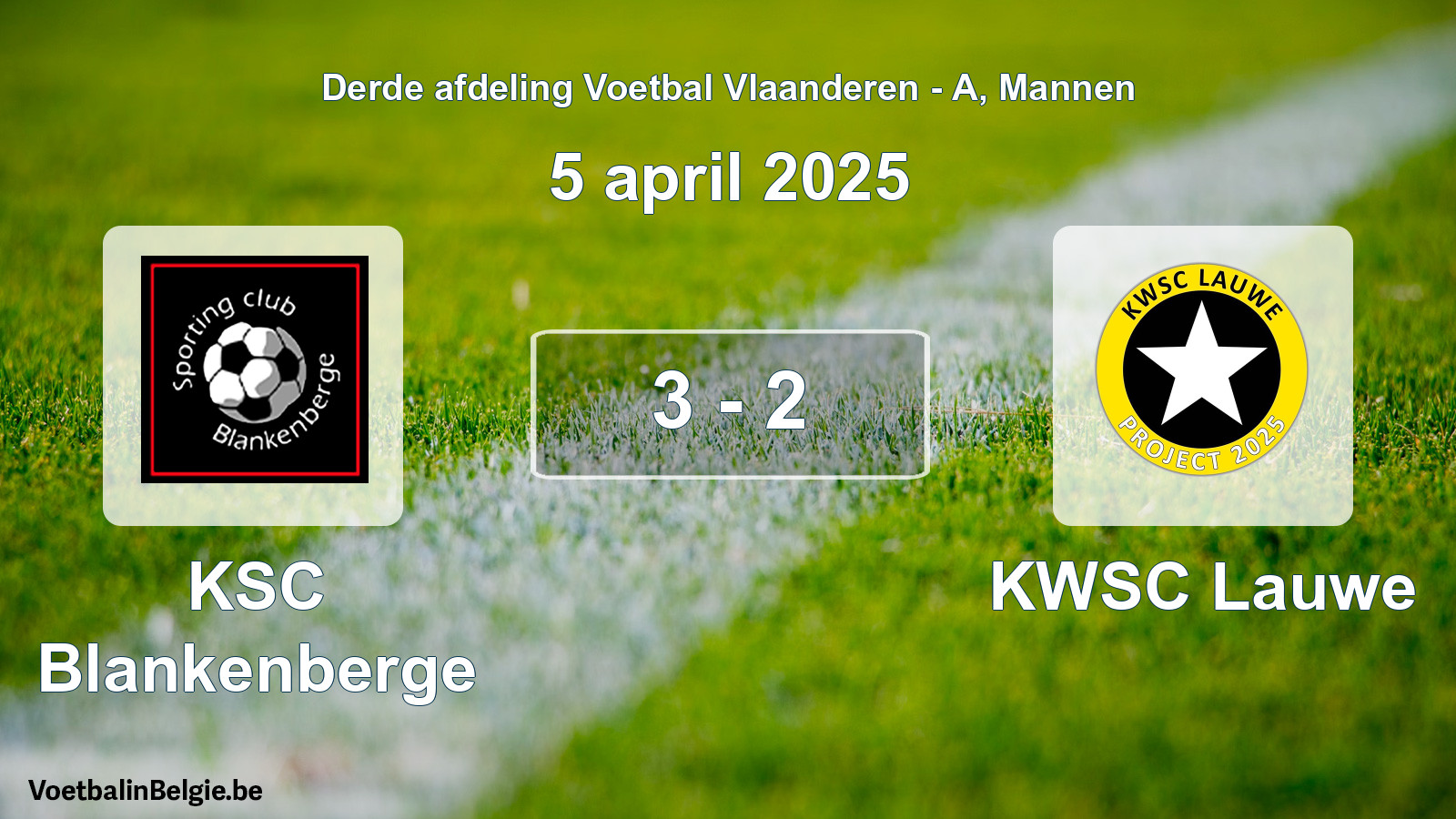 Gespeelde wedstrijd mannenvoetbal: KSC Blankenberge - KWSC Lauwe 3 - 2 (5 april 2025)