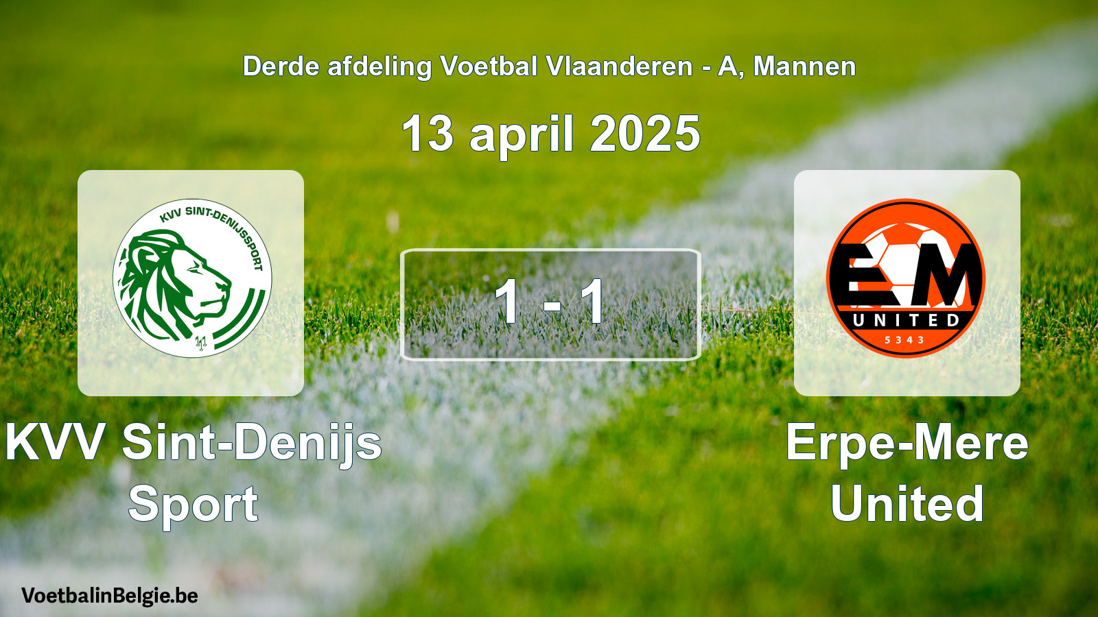 Gespeelde wedstrijd mannenvoetbal: KVV Sint-Denijs Sport - Erpe-Mere United 1 - 1 (13 april 2025)