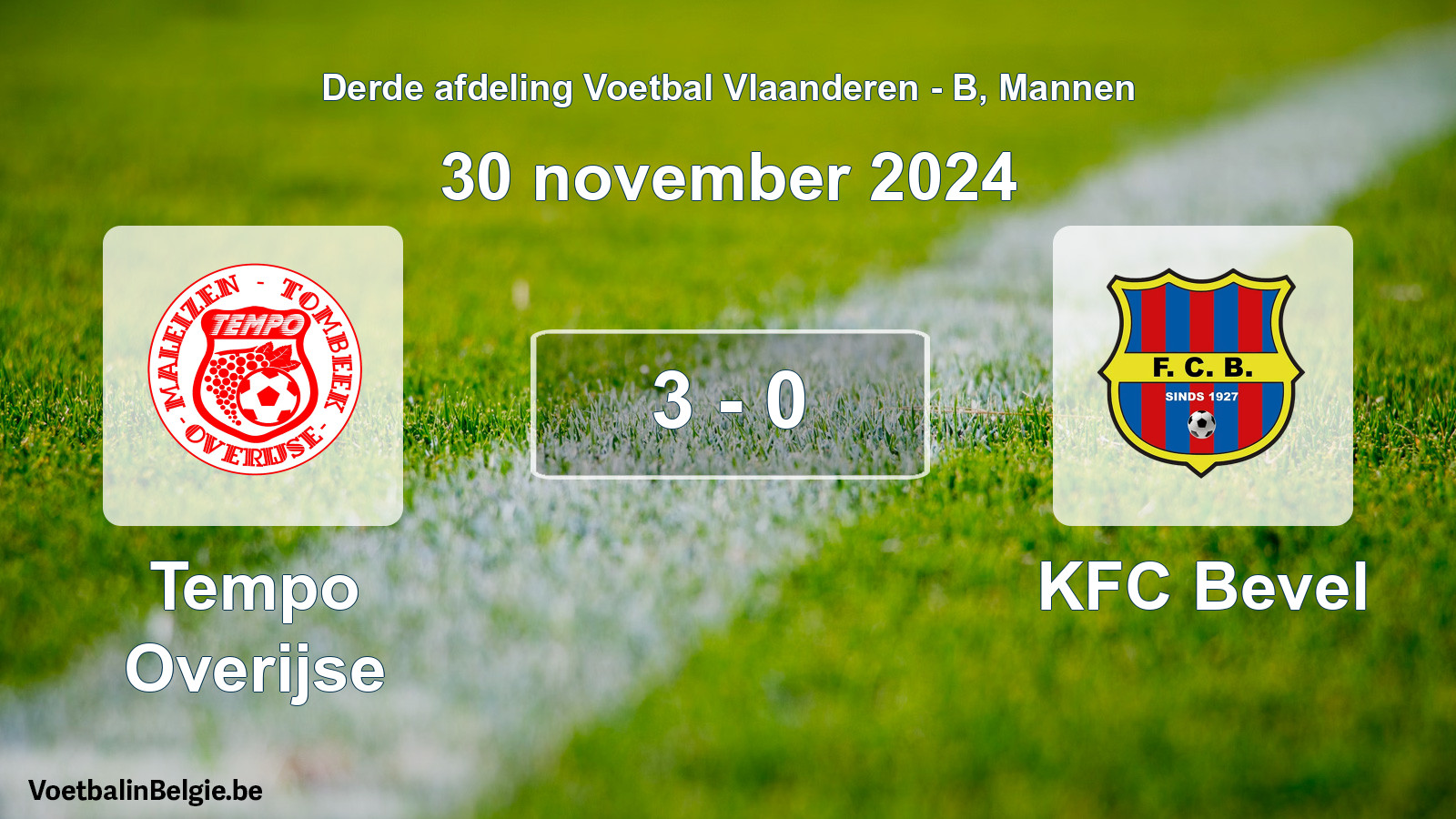 Gespeelde wedstrijd mannenvoetbal: Tempo Overijse - KFC Bevel 3 - 0 (30 november 2024)